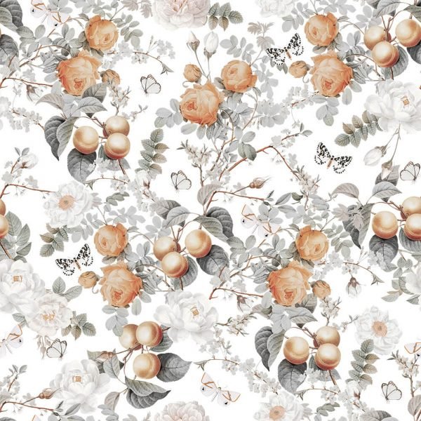 Peaches & Flowers - White Wallpaper